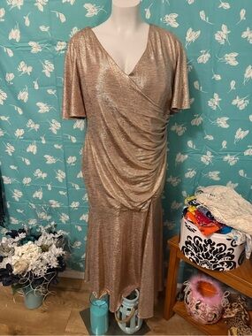 Night Way Collections Shimmery Rose Gold V-Neck Ruched Maxi Dress